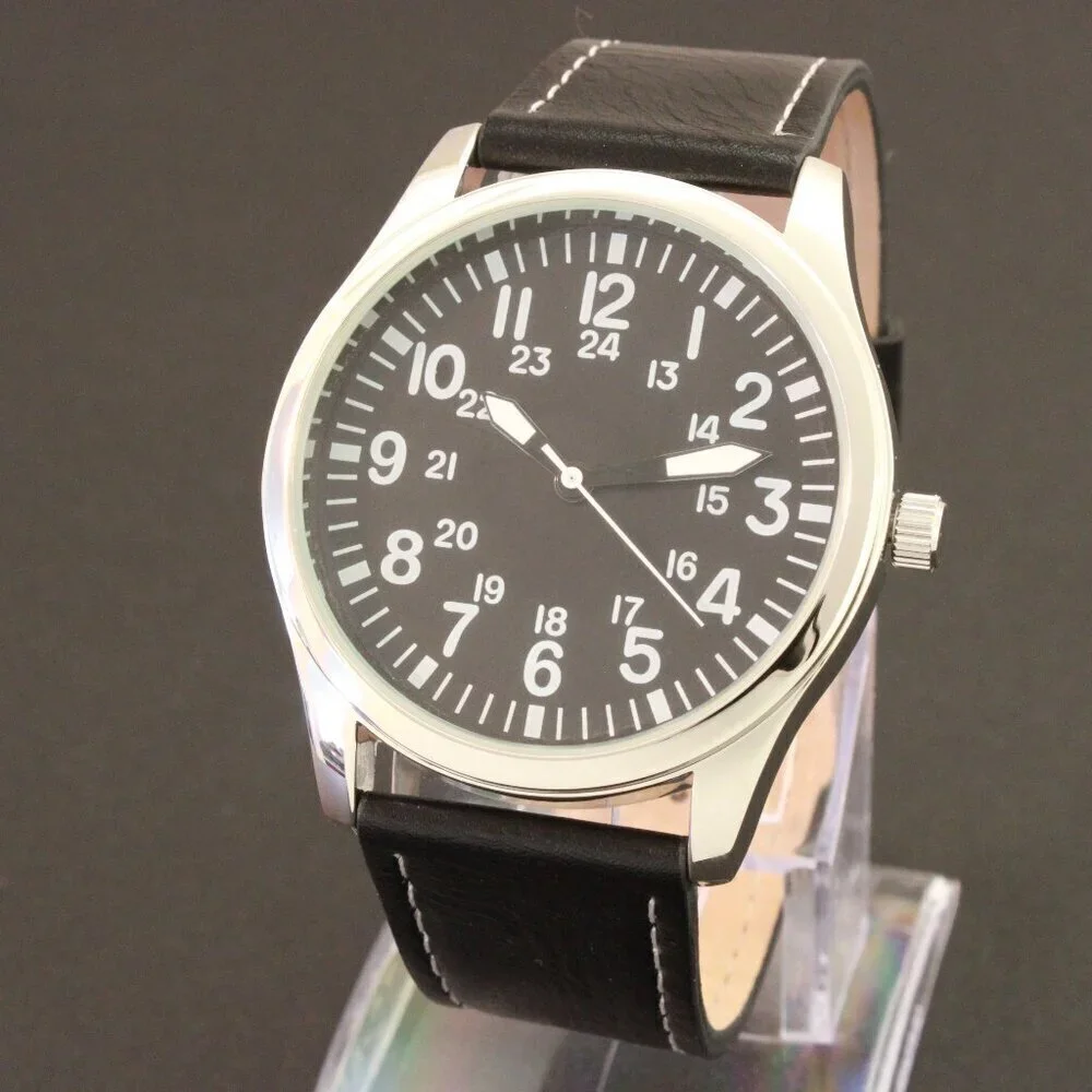 Men's Quartz Field Watch Silver Case Black Leather Strap 42mm - Picture 4 of 12